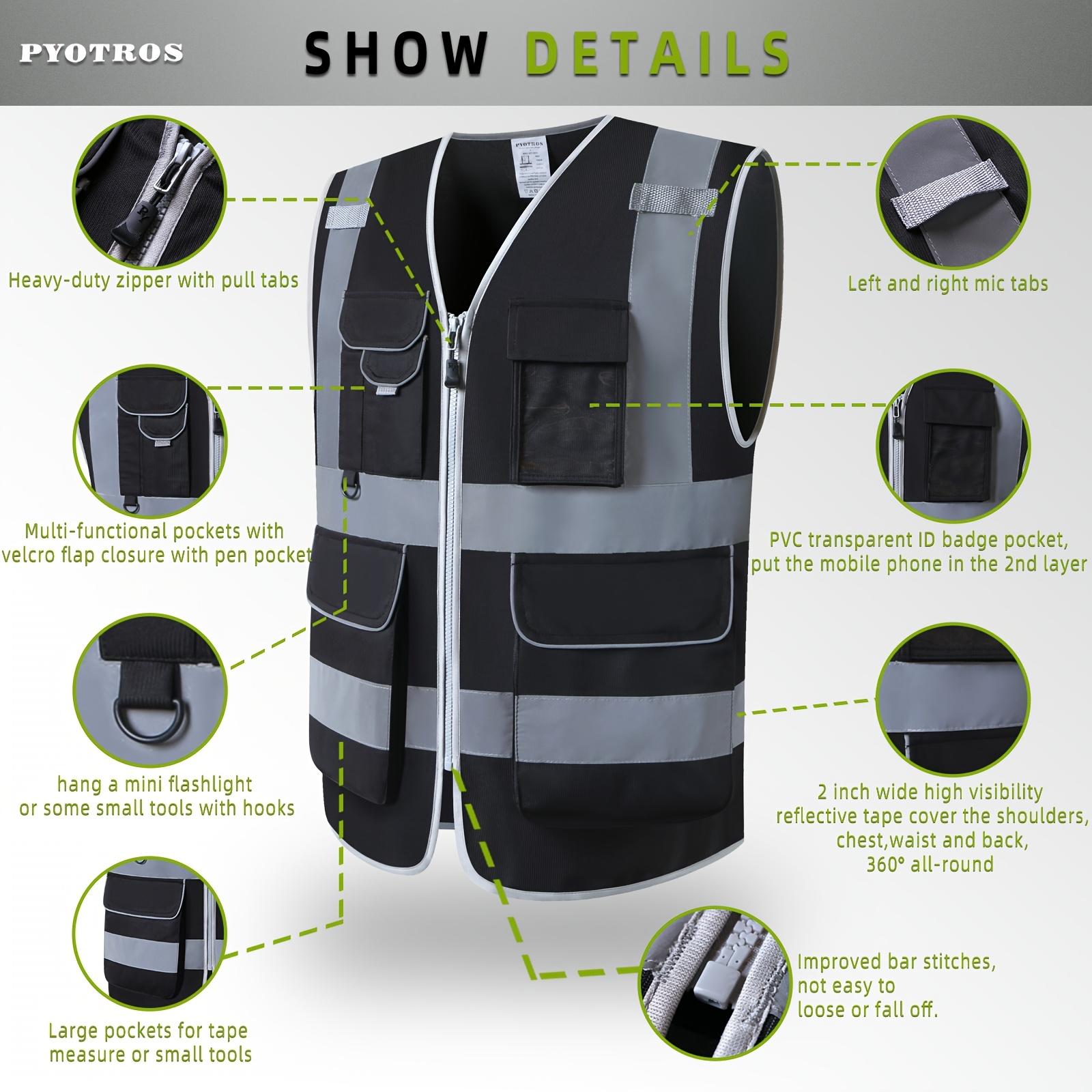 Hi Vis Reflective Safety Vest for Men & Women - High Visibility, Zip-Up with Pockets, Adjustable Waist, Ideal for Construction & Work, Black, Workwear | Highvisibility Vest | Zipup Vest
