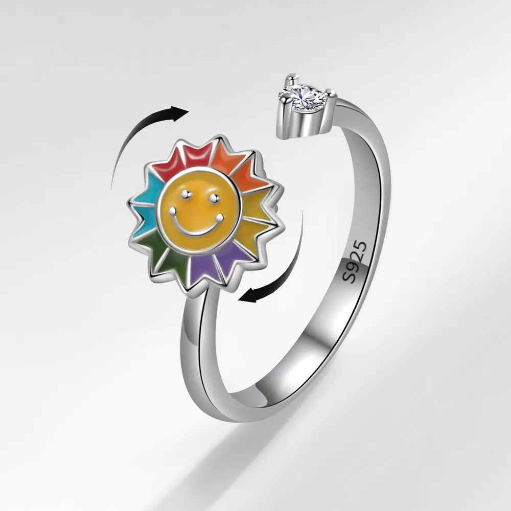 Rainbow Sunflower Spinner Ring, S925 Sterling Silver Fidget Jewelry for Women, Aesthetic Calming Ring for Anxiety Relief