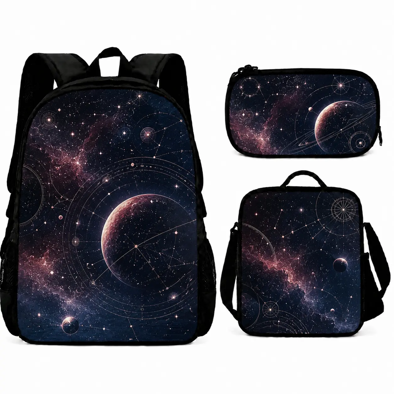Celestial Moon and Planet 3 Piece School Backpack Set, School Bookbag with Lunch Bag and Pencil Case, Adjustable Shoulder Straps and Side Pockets, Celestial Space Astronomy Print for School and Travel