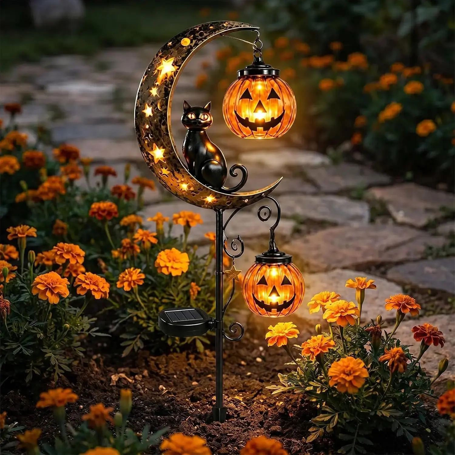 Solar Halloween Cat and Pumpkin Moon Garden Stake Light, Outdoor Waterproof LED Decor, Hanging Pumpkin Lamp for Garden