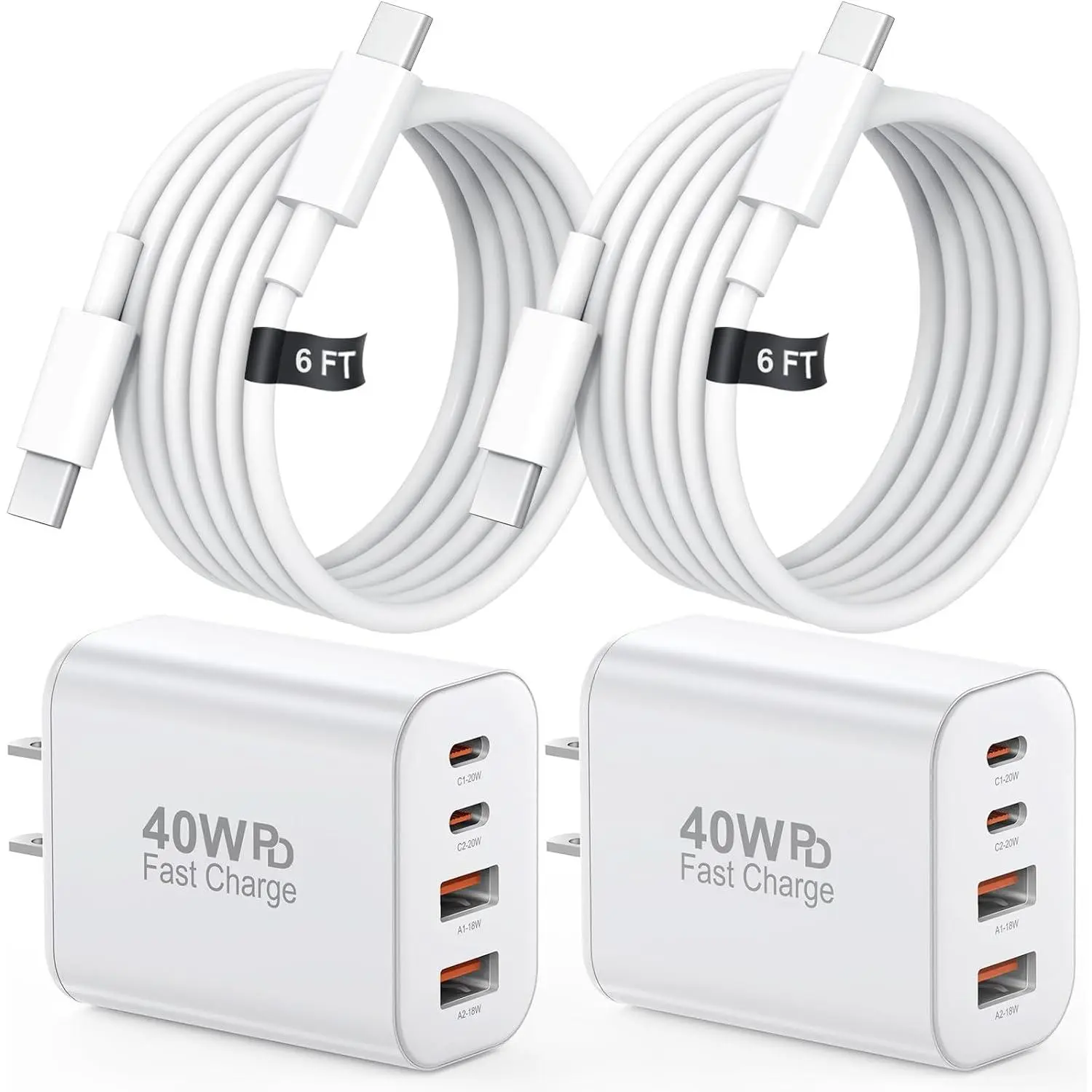 40W USB C Charger Block Type C Charger    17 16 15 Charger,2-Pack 4-Port  Block with 10FT Multiport Power Block for  Air/iPhone17/16/15 Pro Max/iPad/