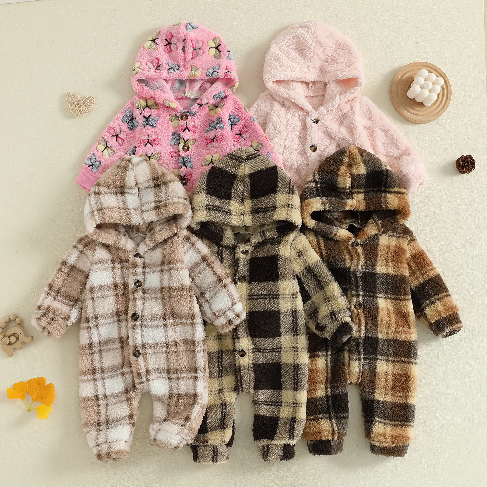 Baby Fleece Winter Jumpsuit Outfits Cute  Fashionable Stripes/Butterfly/Solid Color Long Sleeve Plush Comfy Snowsuit Fluffy Romper for 0-18M