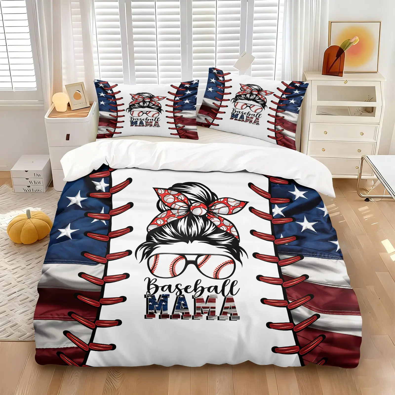 Patriotic Baseball Mom Theme Duvet Cover Set, Star-Spangled Baseball Stitch Pattern, Soft Breathable Bedding, All-Season Bedroom Decor