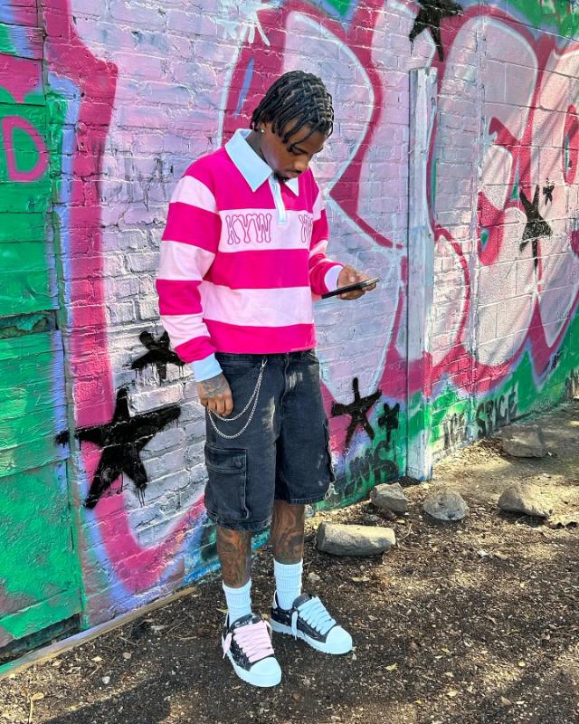 Pink Rugby Polo Shirts Hip Hop Men Stripe Print Lapel Neck Shirt