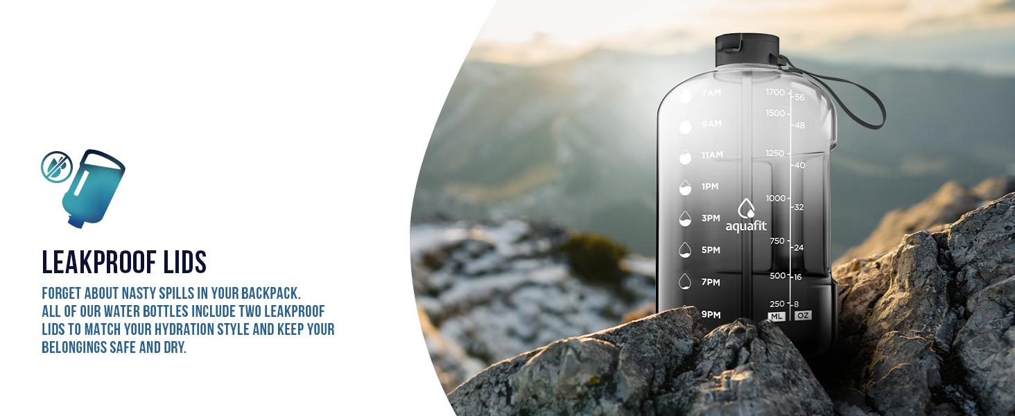 AGS AQUAFIT 64 oz Water Bottle with Time Marker - Straw & Chug Lid - BPA Free Half Gallon Gym Water Bottle with Handle - Big Gallon Jug (Gray, 64 Ounces)