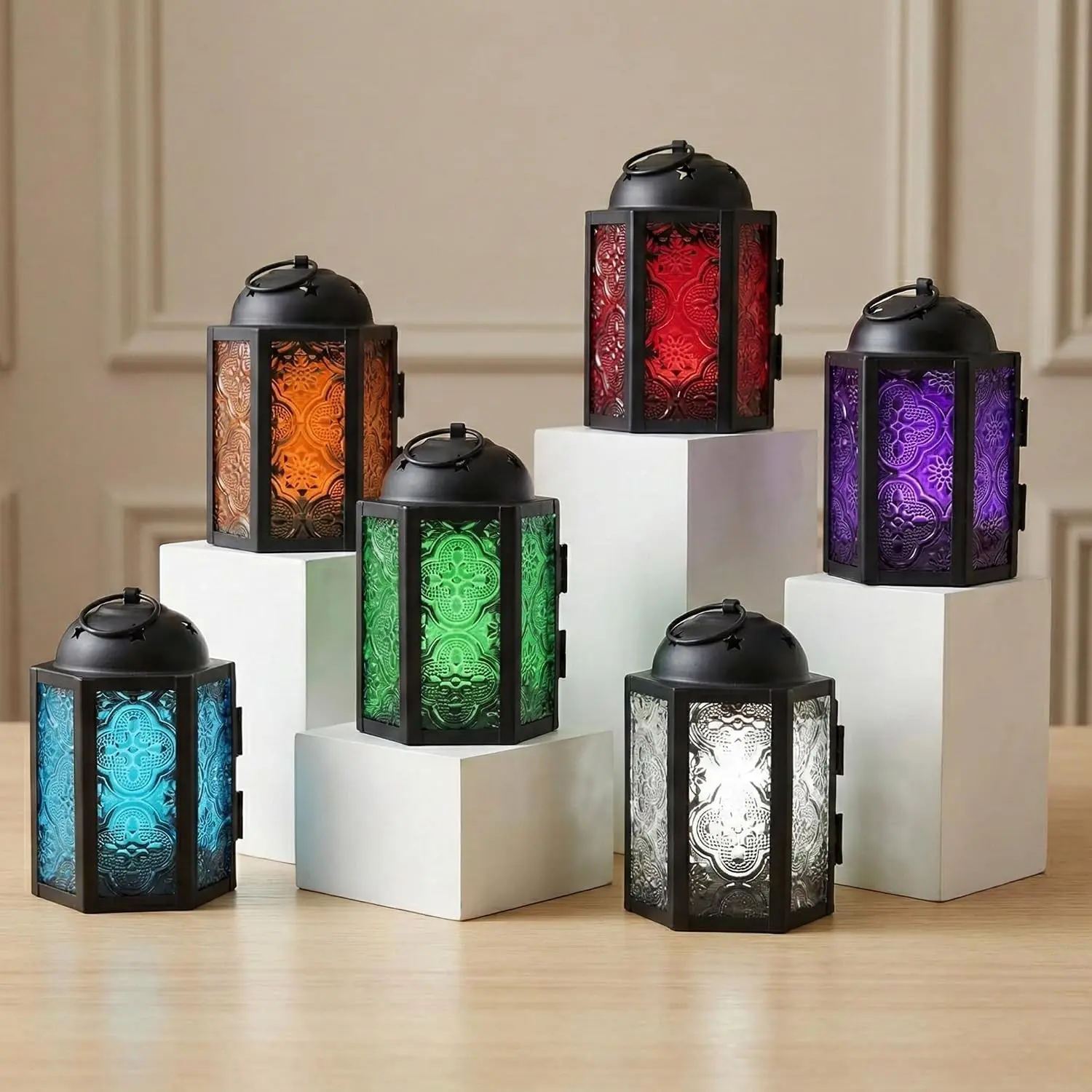 Colorful Iron Mini Moroccan Tea Light Candle Holder Lanterns - 4.25in Small Decorative, Table/Hanging Use, Glass Panels - Ramadan, Home Decor (Set of 6)