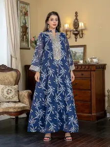 Elegant Women's V Neck Long Dress, Leaf Print Mesh Overlay, Fitted Woven Fabric, All Season A Line Jalabiya Style Abaya Clothing