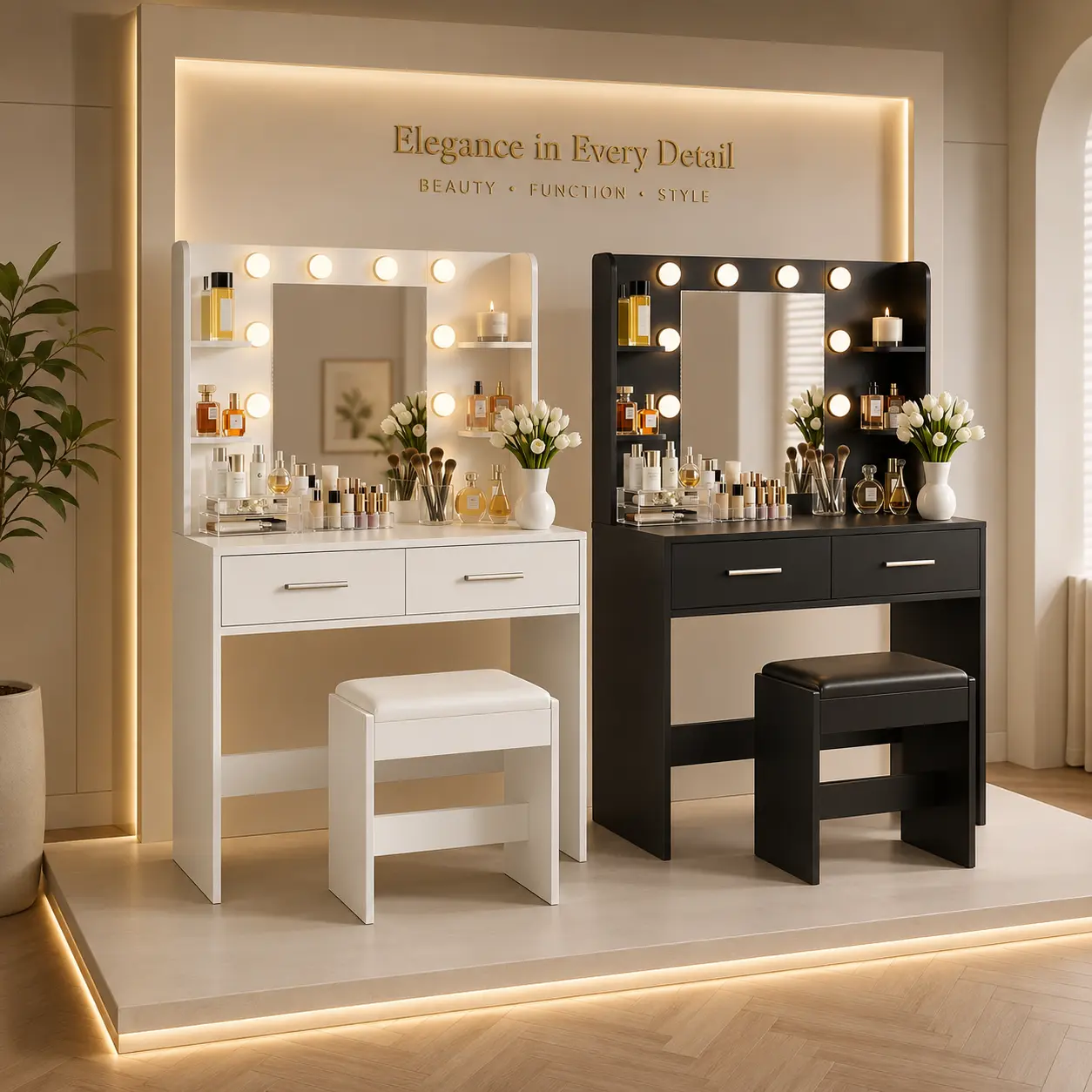 Makeup Vanity Desk With LED Mirror Lights & Built-In Power Outlet, Dressing Table With 2 Drawers, 6 Storage Shelves & Hairdryer Holder For Bedroom
