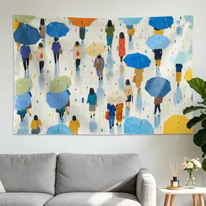 Colorful People With Umbrellas Rain Cityscape Wall tapestry, Large size Printed Horizontal Tapestry blanket, Polyester Fabric Wall Hanging for living room, office, No Installation Required, Indoor, Outdoor, Gift for Family and Friends