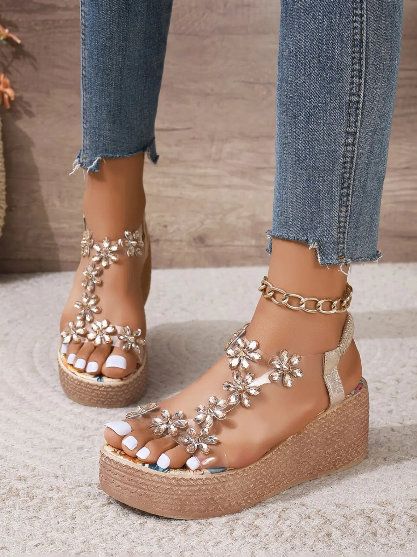 Women's Rhinestone Floral Wedge Sandals, Fashion Floral Sandals, embellished wedge sandal, Transparent T-Strap Straw Sole, Anti-Slip Comfortable Summer Shoes, Beach Vacation, Daily Wear, Date Night