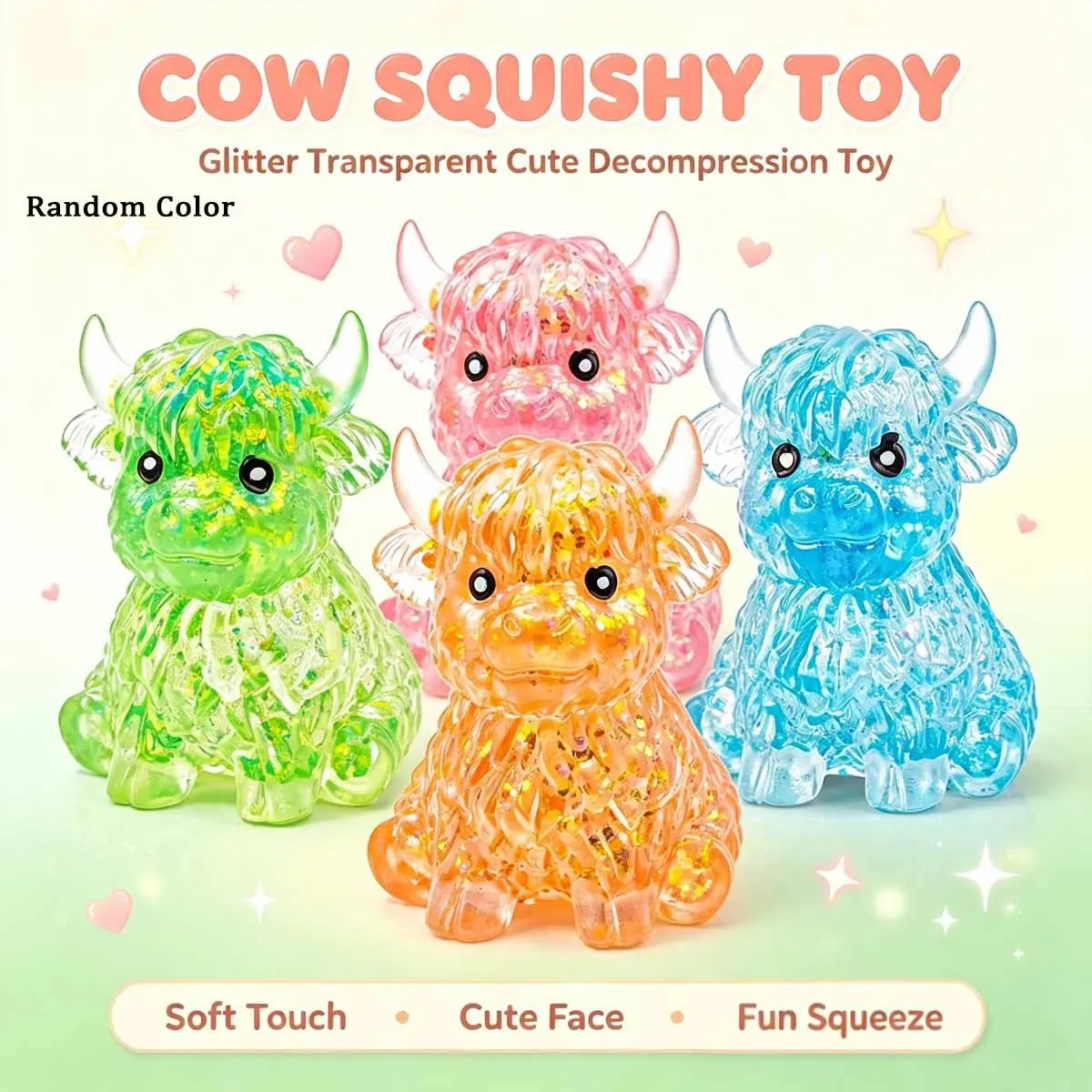 Sparkling powder highland cow kneading and pressure relief toy, with a soft touch and animal shaped pressure relief squeezing toy, can relieve anxiety as a desktop toy, suitable as a party gift