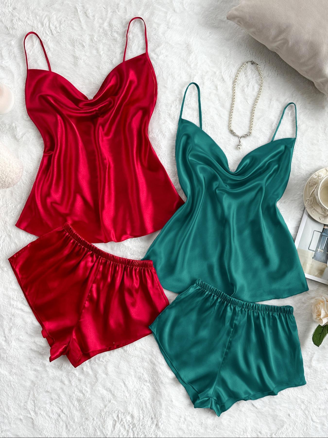 Four-Piece Set Women's Solid Draped Pyjama Set, Casual Spaghetti Strap Cami Top & Shorts, Comfy Loungewear Set for Women Lingerie