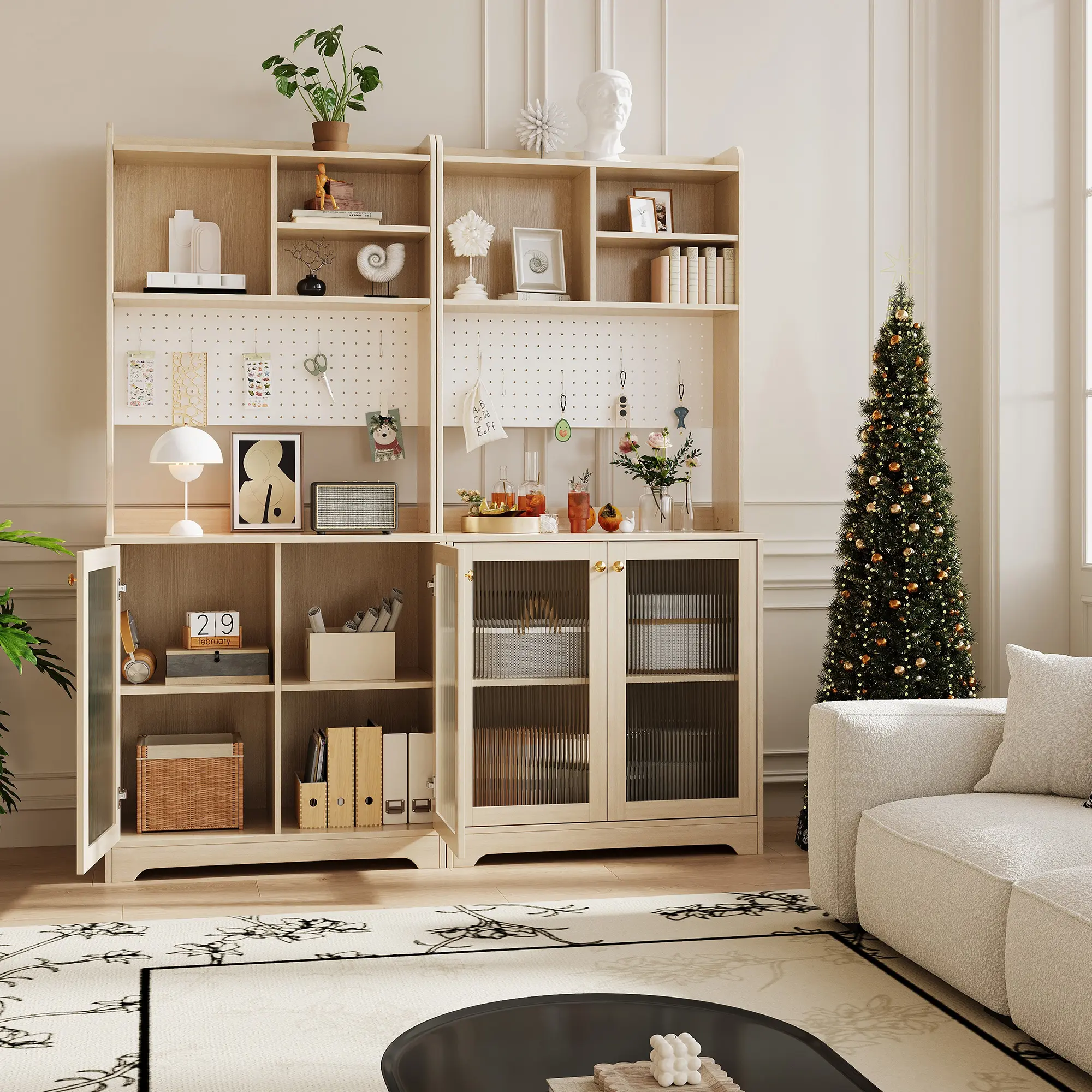 Hosslly 71" Freestanding Pantry Cabinet - Glass Doors, Pegboard Panel, Adjustable Open Shelves, 6-Tier Buffet Sideboard Hutch, 31.5'' L x 15.55'' W x 70.87'' H, 50 lbs Per Shelf, Assembly Required for Dining Room (Home & Bathroom Supplies)
