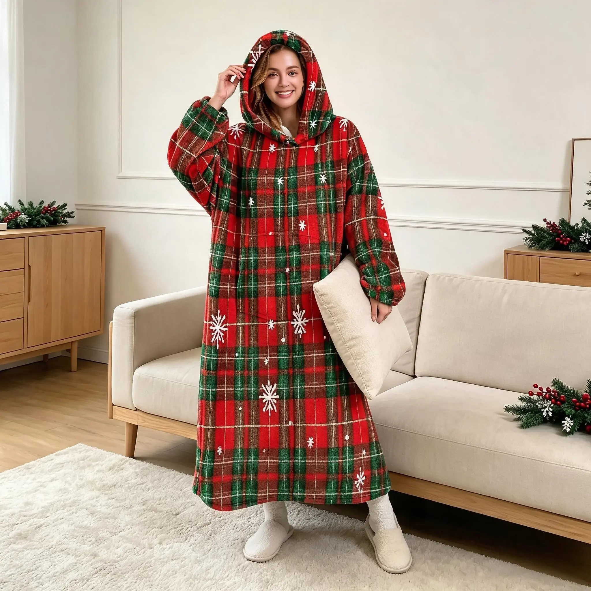 Unisex Flannel Long Sleep Robe, Plaid Snowflake Print, Soft Loose Fit, Large Pockets, Christmas Holiday Casual Homewear