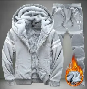 Men's 2 Piece Fleece Lined Hooded Matching Set Menswear, Long Sleeve Casual Plain Outfit with Drawstring Hood, White Striped Sleeves, Logo Pants for Comfortable Warmth, Stylish Father's Day Gift
