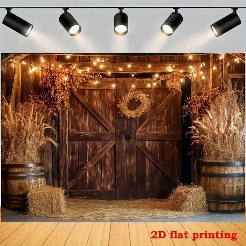 2D Flat Banner 1pc Western American farm wooden barn door decorative hanging cloth, haystack barrel garland jet printing banner, suitable for western cowboy party photo background, country wedding autumn harvest wall polyester decorative wall cloth