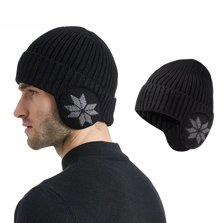 Fleece Lined Ear Flap Knit Hat High Stretch Thermal Ear Protection Cap Windproof Cold Proof Head Warmer For Men Women Skiing Commuting Daily Winter Outdoor