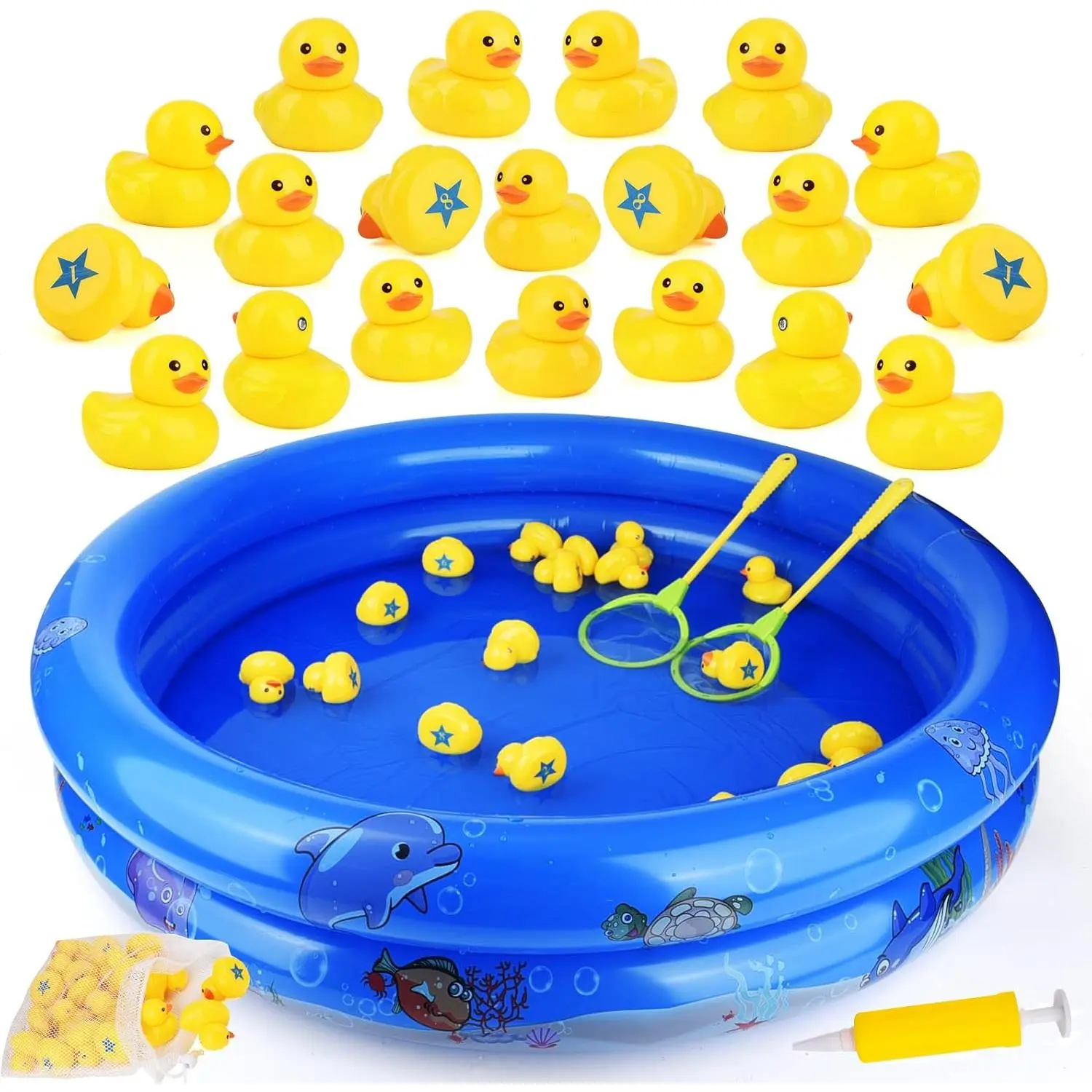 Duck Matching Game Toys for Kids - 20 Plastic Ducks with Numbers,34" x 7" Kiddie Pool |       Storage Bag, 2 Nets - Fun Memory Games - Water Outdoor Game for Children,Preschoolers,Birthday Party Carnival