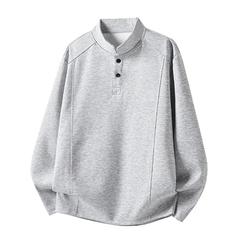 Men's Henley Sweatshirt - 52.6% Cotton 47.4% Breathable Longsleeves Knitwear, Stand Collar, Dual Black Button Placket, Plain Loose Fit, Curved Hem, Foldable, Hangable, for Office Commute Smart Casual Streetwear, Easy Matching Menswear Top