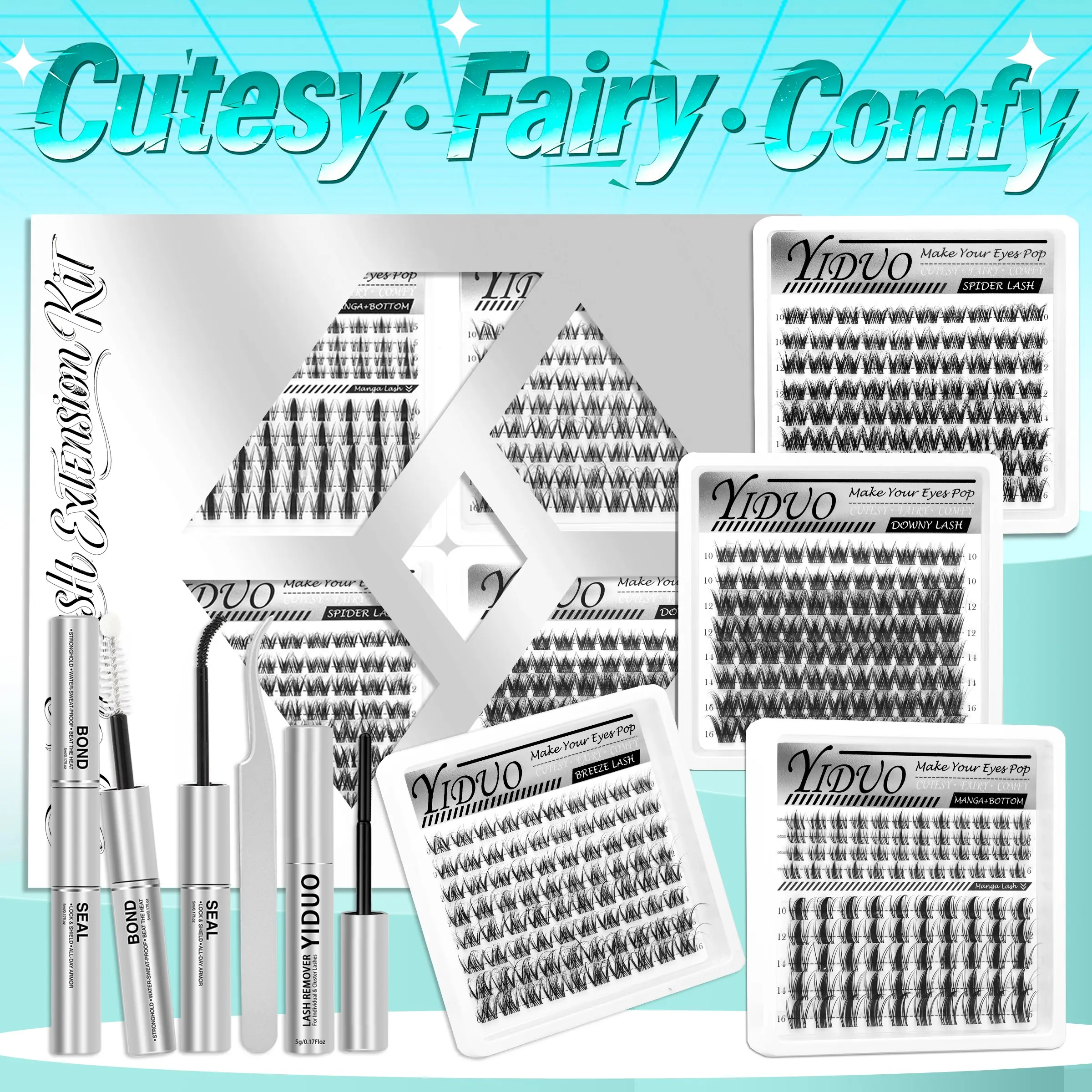 YIDUO 4-Style Eyelash Cluster Set: Spider / Breeze / Manga + Bottom/ Downy Eyelash Extension Set, 5–16 mm, D-Curl With Lash Bond and Seal, Lash Remover，Lash Tweezers, DIY at Home Easily, DIY Eyelash Clusters