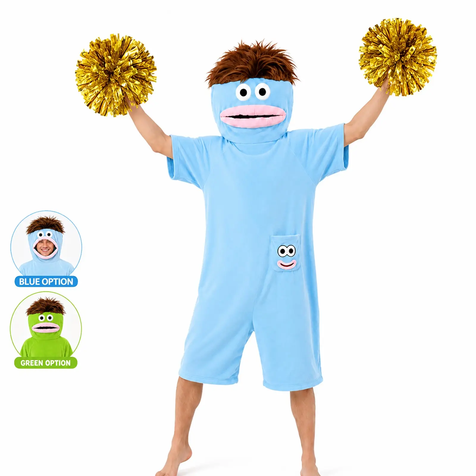 Funny Monster Onesie for Adults, Short Sleeve Summer Pajama with Pom Poms, Halloween Costume, Cosplay for Men and Women