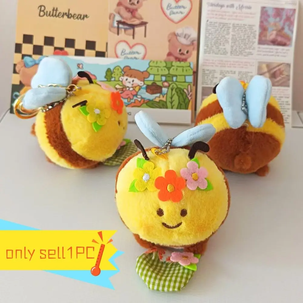 Cute Bee Plush Pendant Keychain, Floral Design, Perfect for Bags & Keys, Healing Doll Gift, Summer Essential Accessory