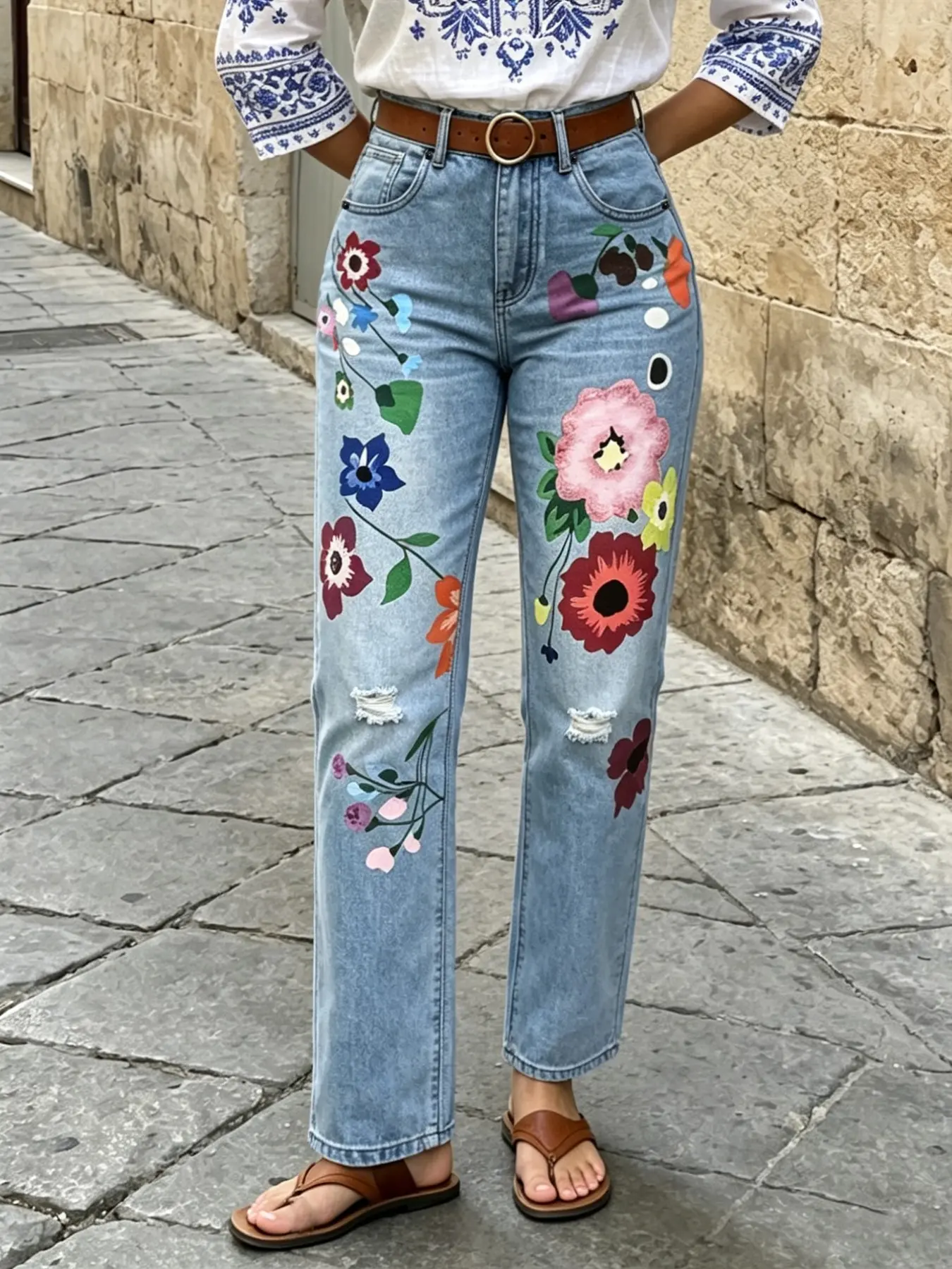 Women's Blue High Waist Denim Jeans, Floral Print Loose Baggy Straight Leg Pants, Casual Fashion High Street Long Pants, Ideal for Daily Wear, Streetwear