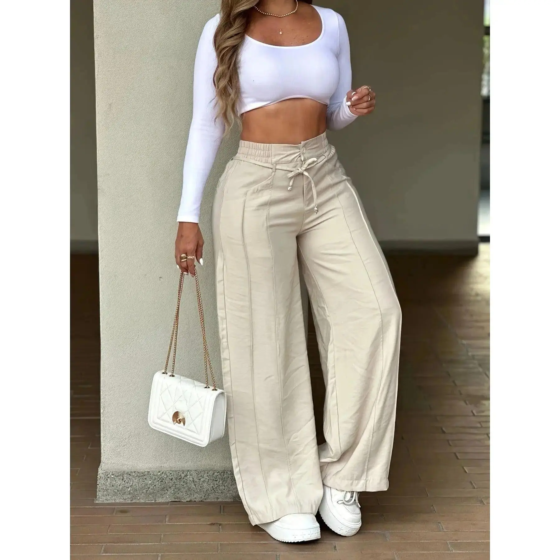 Slimming Wide Leg Pants | High Rise Elastic Waist Trousers with Leg-Lengthening Fit