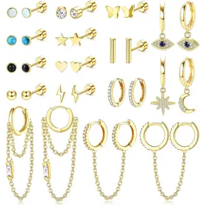 15 Pairs Hypoallergenic Surgical Steel Earrings for Women Men - Flat Back Silver/Gold Studs Hoops Dangle Set - Cartilage Tragus Sleepers CZ Helix Piercing Jewelry