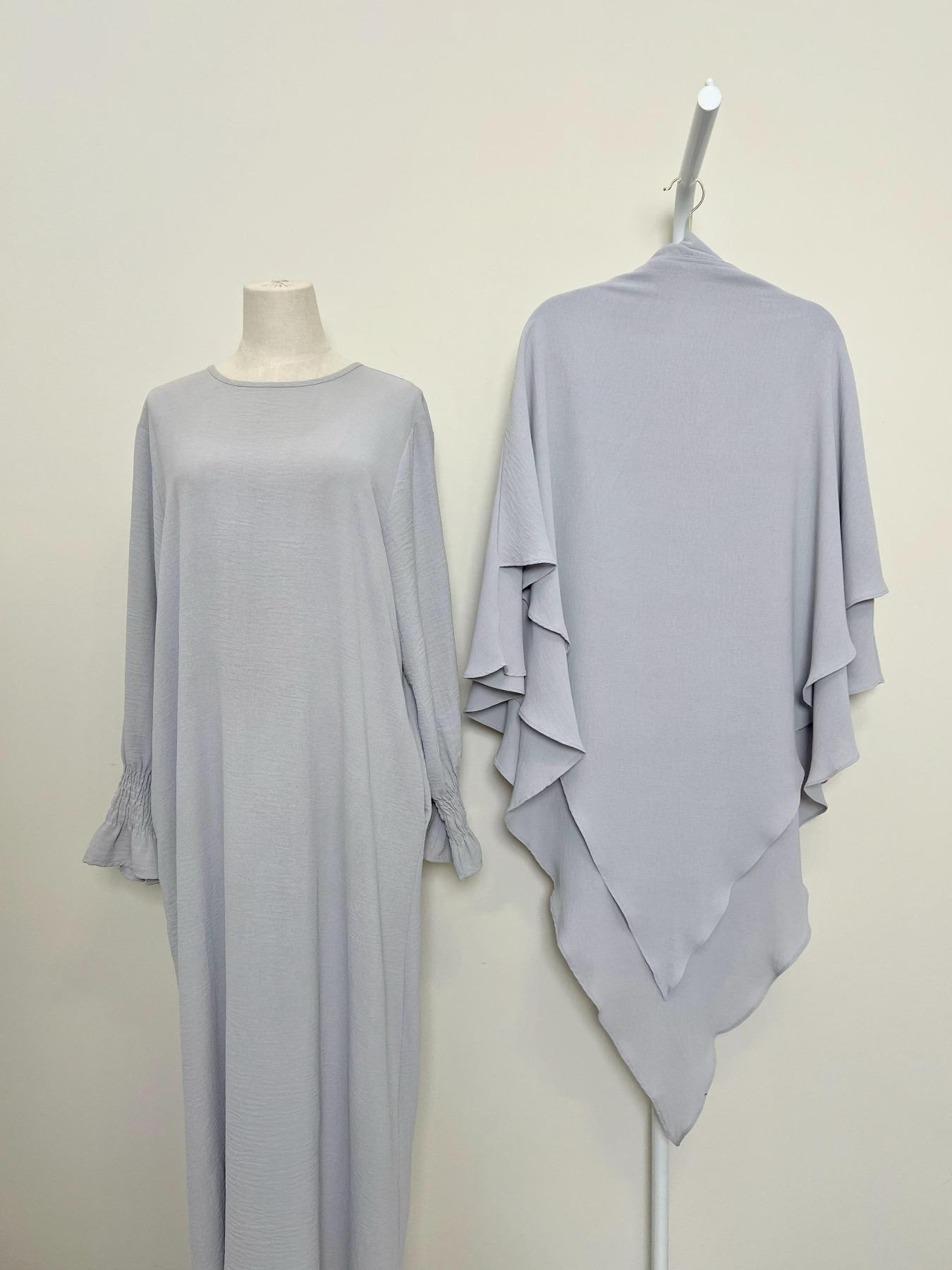 Women's 2-Piece Solid Color Long Sleeve Dress & Hijab Set, Modest Outfit for Daily Wear, Women's Islamic Clothing for All Seasons, Abaya Hijab Set