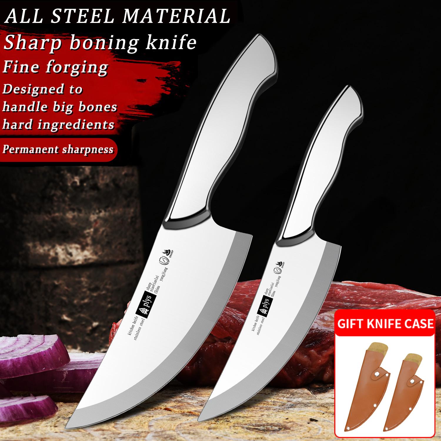 All-Steel Bone Knife with Leather Sheath. Professional Grade Meat Cleaver with Comfortable Grip for Outdoor Barbecue and Home Kitchens - Chef Fixed Blade Knives