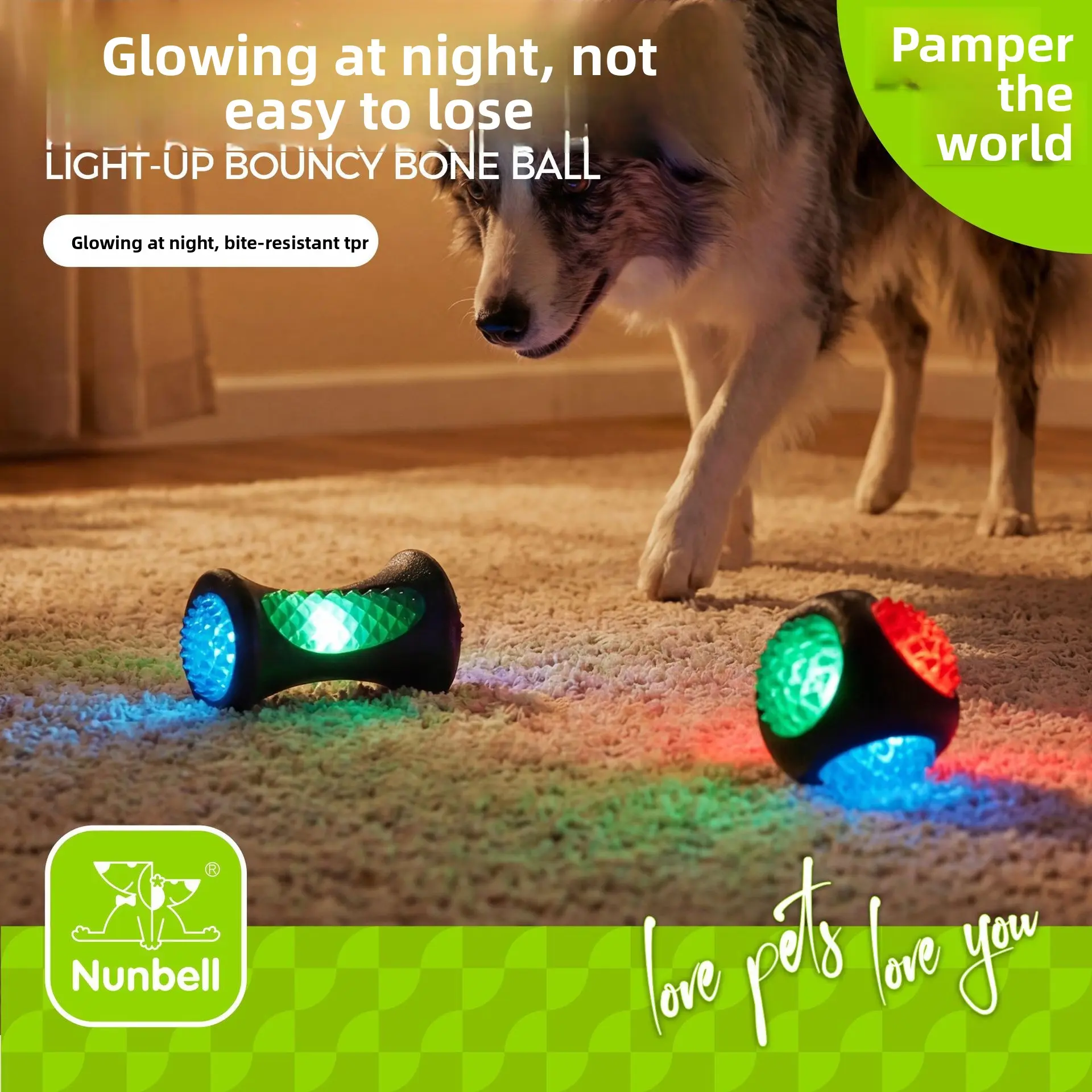 Nunbell TPR toy ball for teeth cleaning and pet training, elastic four-color luminous ball, can float on water