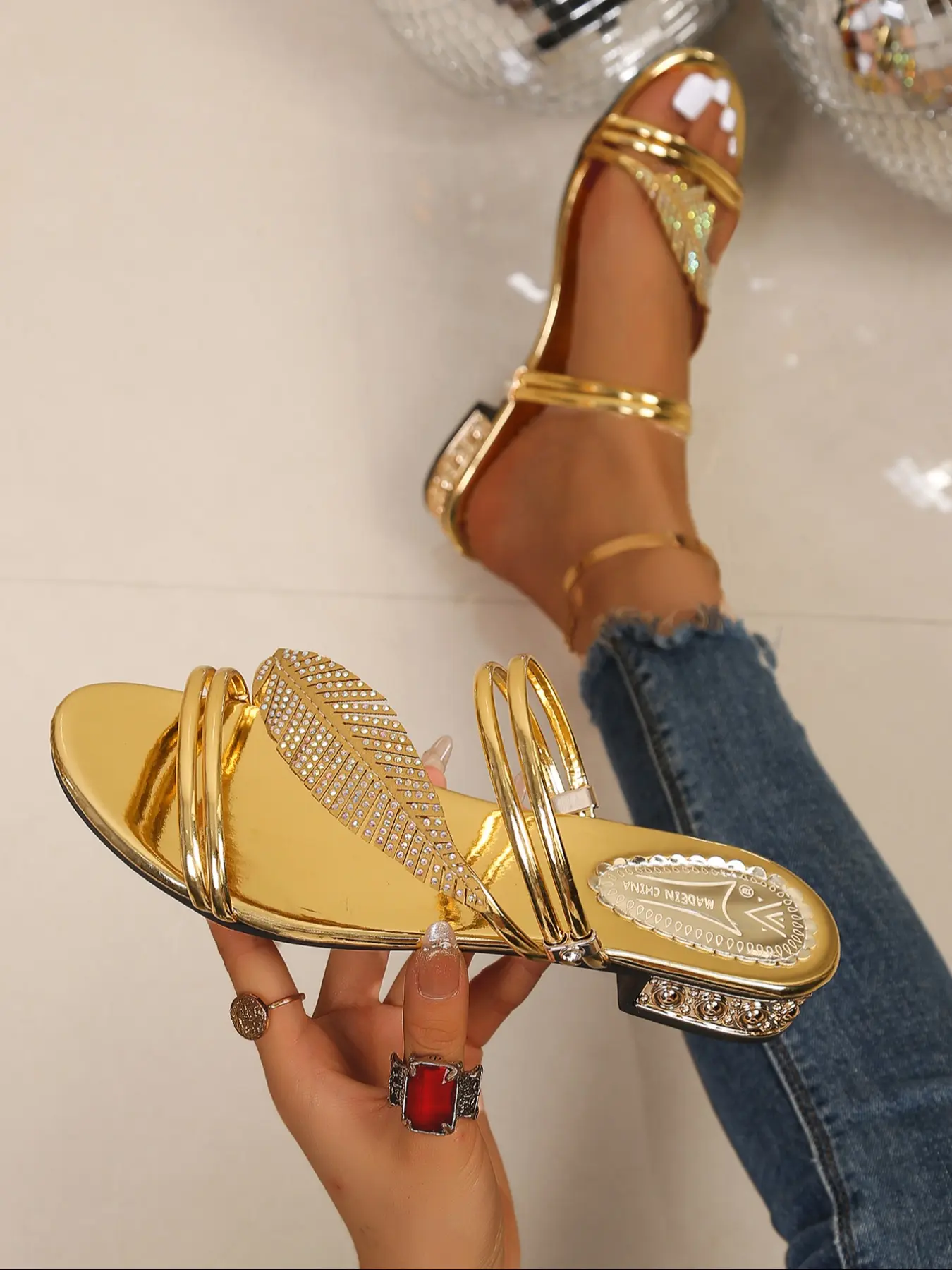 Elegant Rhinestone Leaf Sandals for Women, Chunky Low Heel Diamond-Embedded Shoes, Options, Square Toe Open-Toe Summer Party Footwear