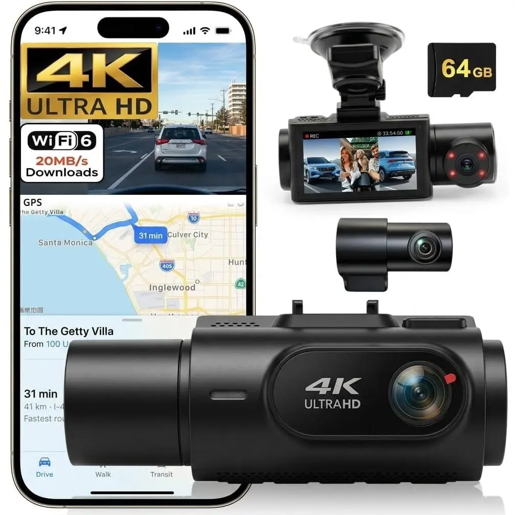 3   Cam 4K++, 170? Ultra Wide Angle Triple  Camera, Pro Night Vision, 5GHz  WiFi (2.4X ), GPS, G-Sensor, 24H Parking Mode, 64GB Card Included