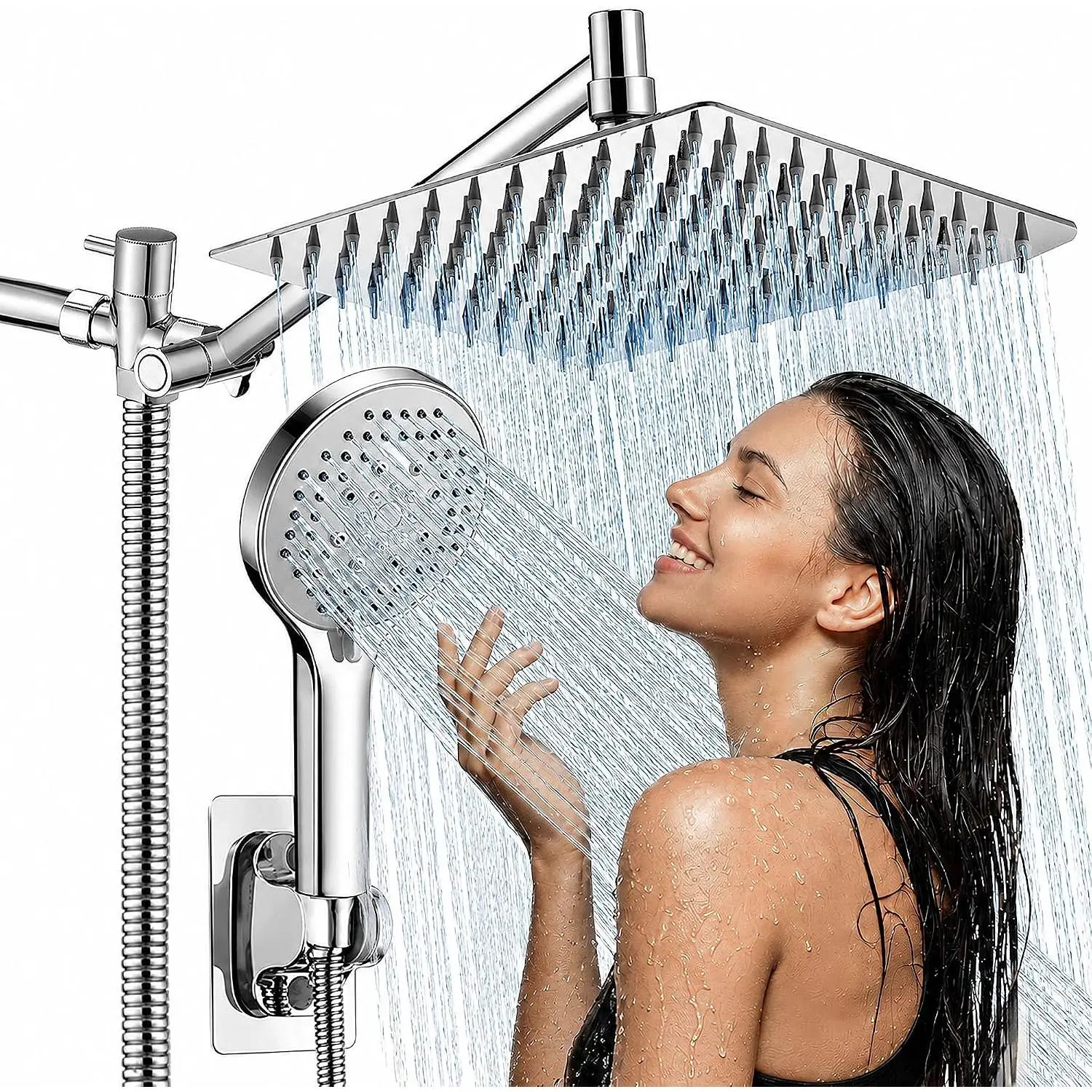 High Pressure 10-in Rain Shower Head with Handheld Spray Combo, Dual Detachable Waterfall Showerhead, 11-in Angle Adjustable Extension Arm and Hose