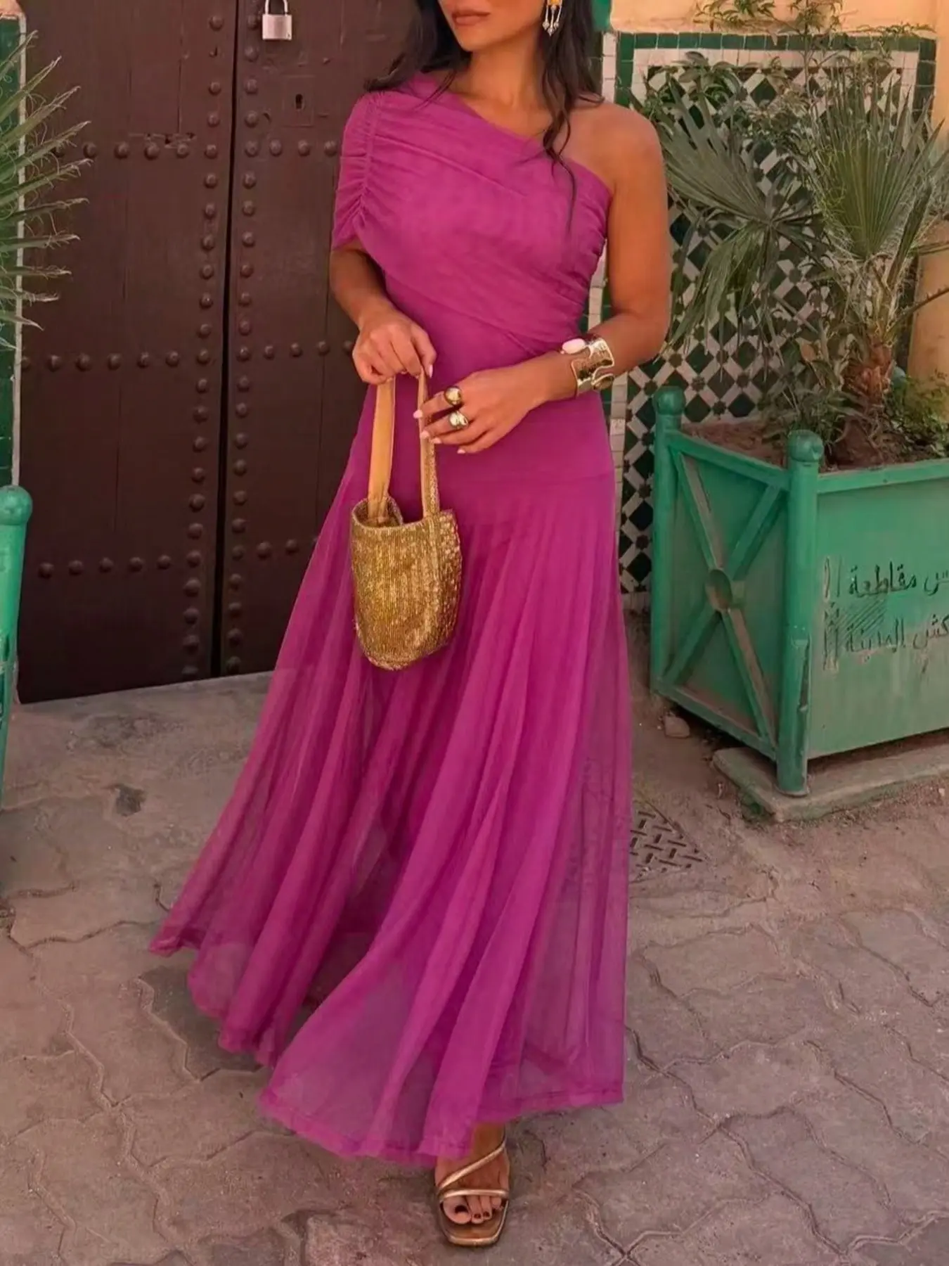 Women's Elegant Feminine One-Shoulder Dress, Solid Color Mesh Ruffle Party Gown, Perfect for Weddings, Birthdays, Formal Events, Spring & Summer