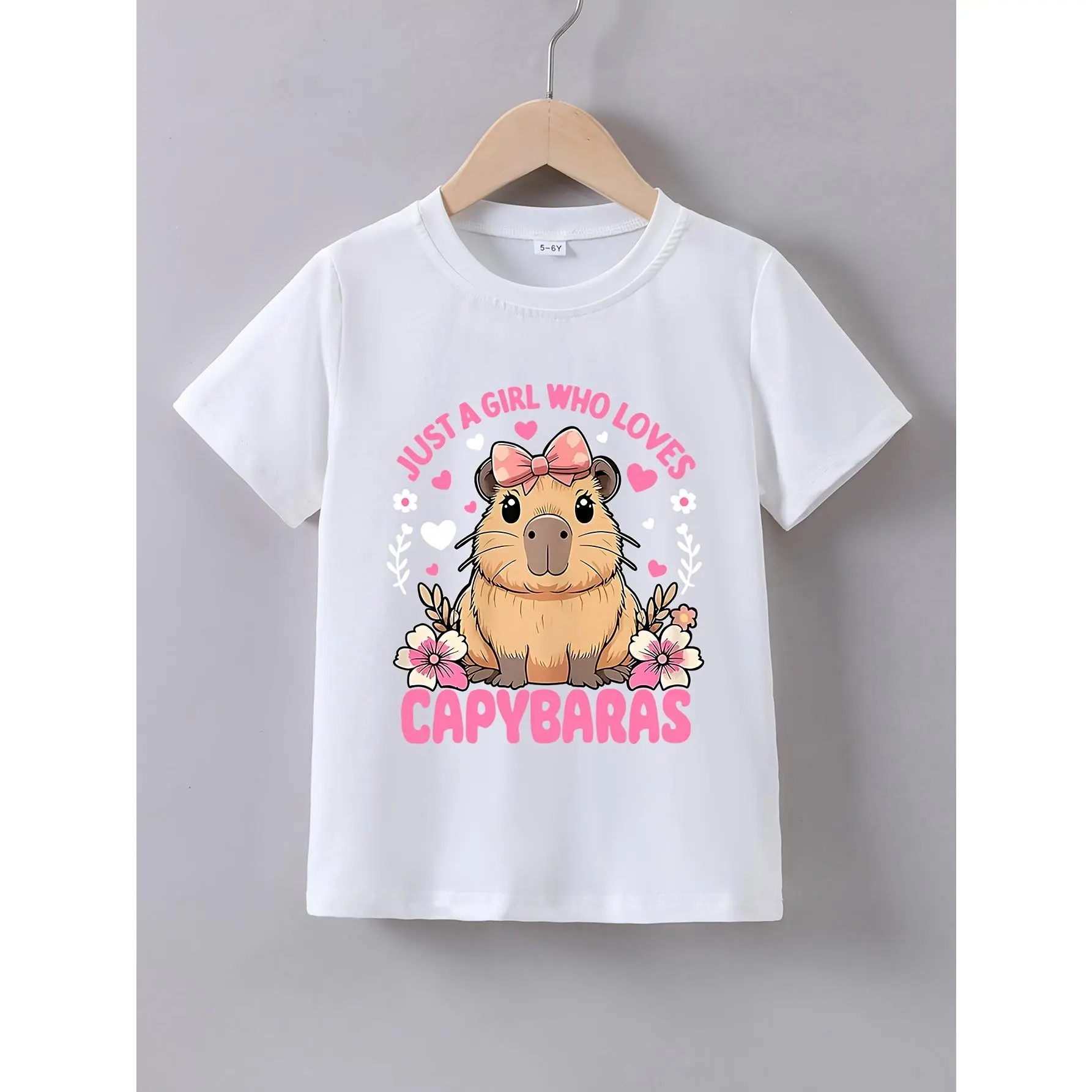 Just A Girl Who Loves Capybaras Cute Animal Graphic Tee - Standard 100% Pure Cotton Short Sleeve Crewneck Casual Top for Youth, Teens & Petite Wearers, Trendy Capybara Lover Streetwear, Daily Outfit & Gift