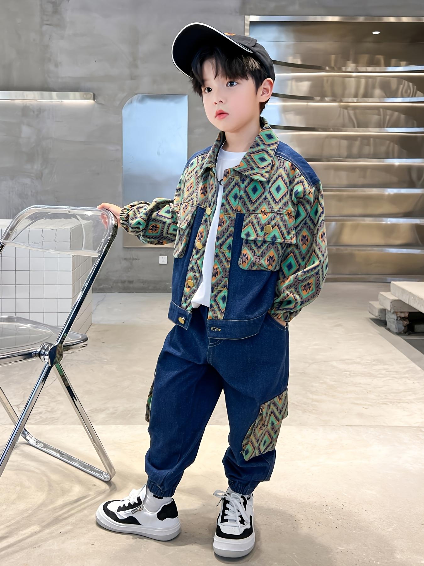 NewSuit Boys' Autumn Wear 2025 New Style Big Spring And Autumn Style Rogue Handsome Clothes Foreign Style Bohemian Style Fashion Suit Faux Denim Suit Two-Piece Set, for Outdoor