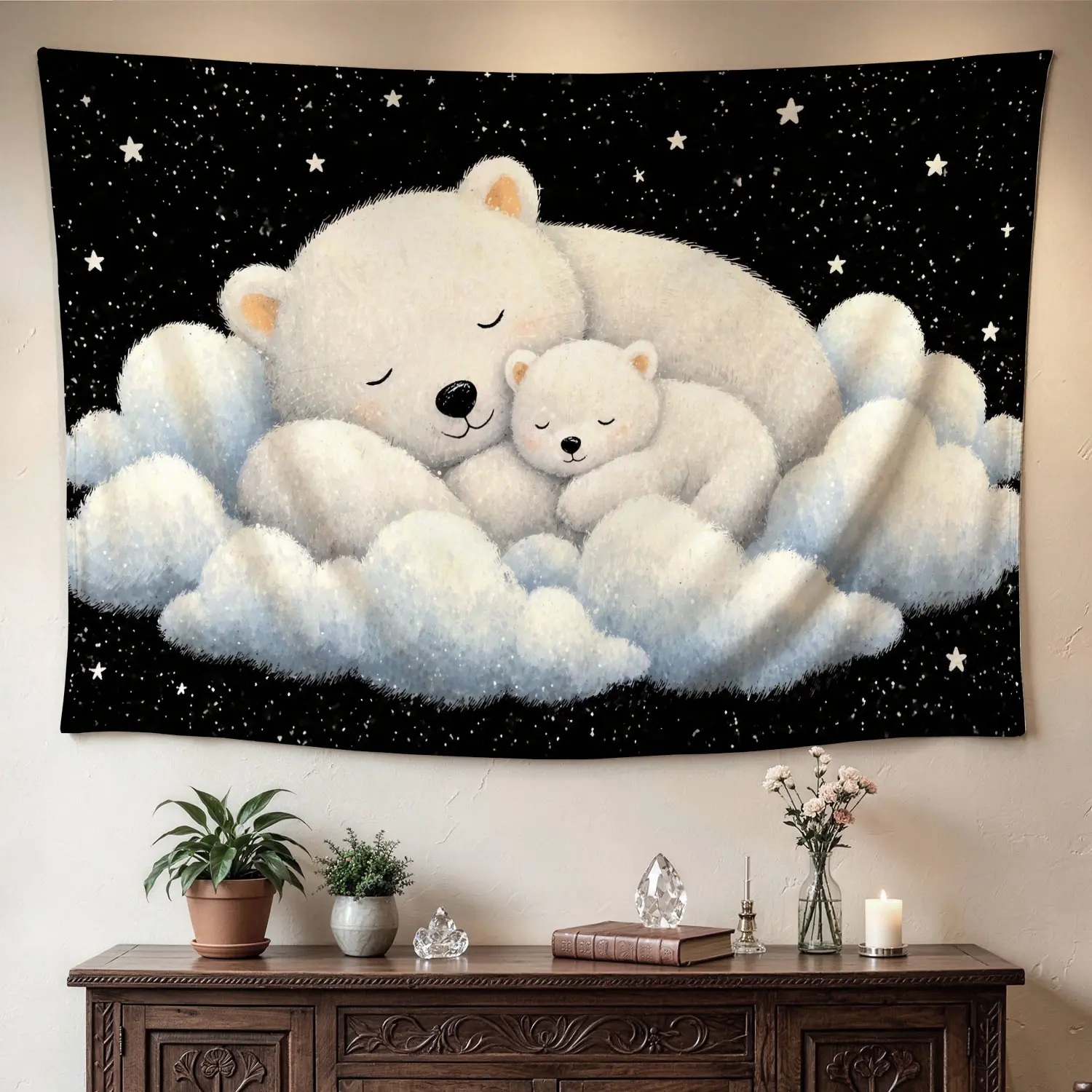 Polyester Wall Tapestry - Cute White Polar Bear on Clouds Starry Night Print, Synthetic Multi-Size Large Horizontal Blanket, No-Installation Wall Decor, Whimsical Home Decor Decoration, Holiday Gift for Family