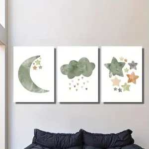 3 pieces of moon, clouds, stars - modern abstract wall decor, framed and ready to hang, suitable for living room, office, cafe aesthetic wall decoration - perfect gift for Thanksgiving, Halloween, Christmas, New Year