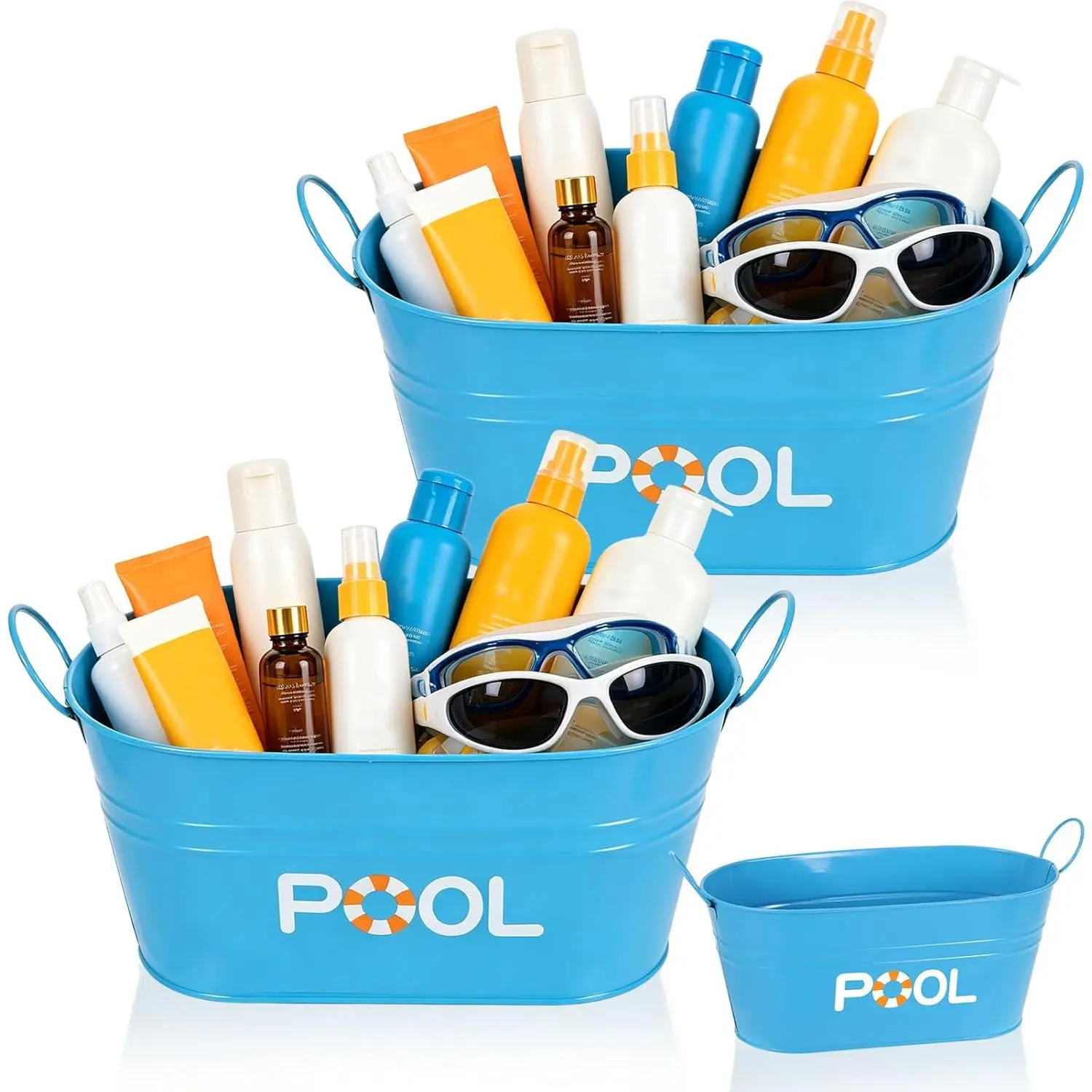 2 Pack Pool Storage Bucket, Metal Poolside Basket with Handles, Outdoor Summer Storage Box, Above Ground Pool Bin for Sunscreen Goggles Clothes Towels Swimming Camping Beach Accessories Decor (Blue)