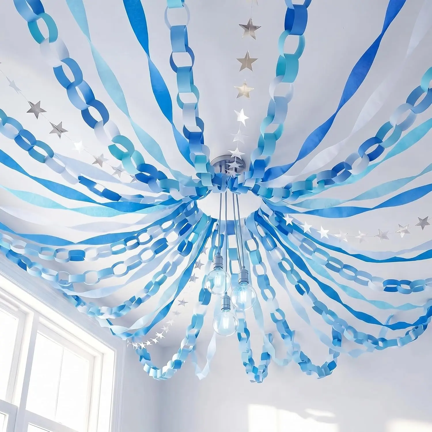 Blue Paper Chain Crafting Kit - 400 Same-Size Chain Links, Happy Birthday Party Decor, DIY Classroom Craft, Double Tape Included for Holiday Use (Multi-Colors Option)