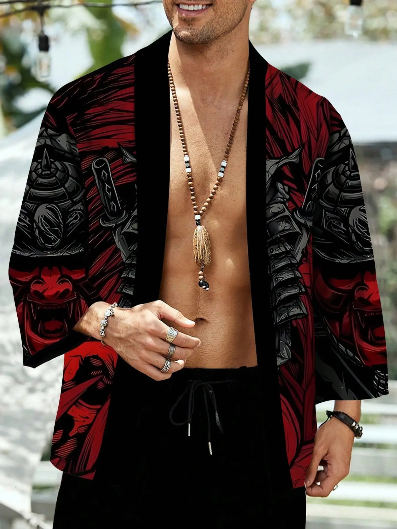 Men's Kimono Jacket, Japanese Style Oni Samurai Armor Print, Three-Quarter Sleeve, Loose Fit, Trendy Streetwear, Casual Outerwear