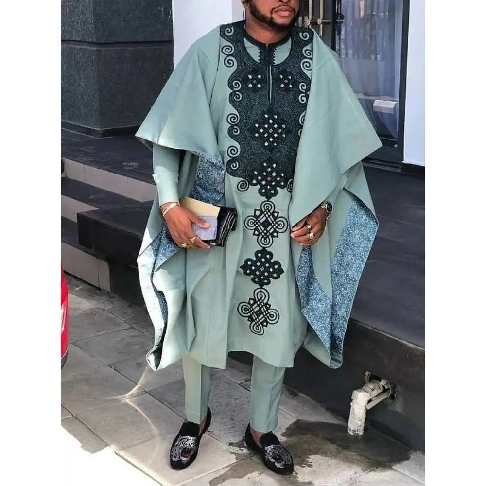 Men's African clothing, traditional Bazin Riche heat-stamped design top, long-sleeved three-piece suit