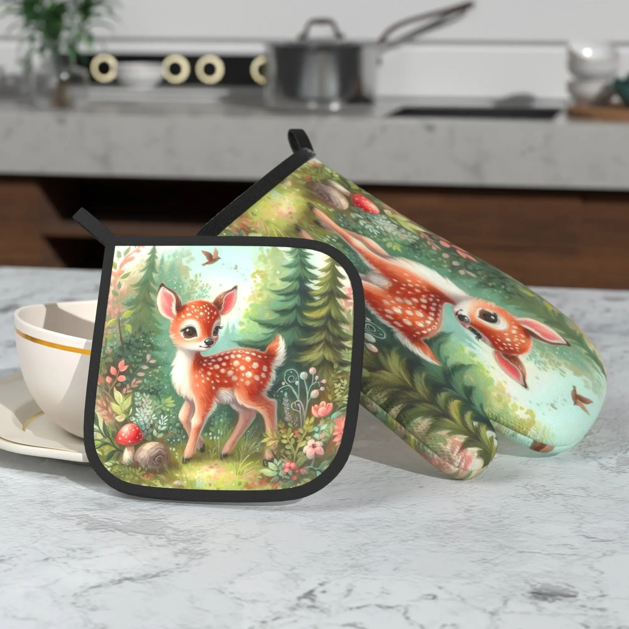 2/4Pcs Oven Mitt & Pot Holder Set | Vintage Fairy Tale Style Spotted Fawn Forest Print Heat Resistant Kitchen Set, Ideal for Daily Cooking, Home Oven Use, Baking, Kitchen Decor and Housewarming Gifts