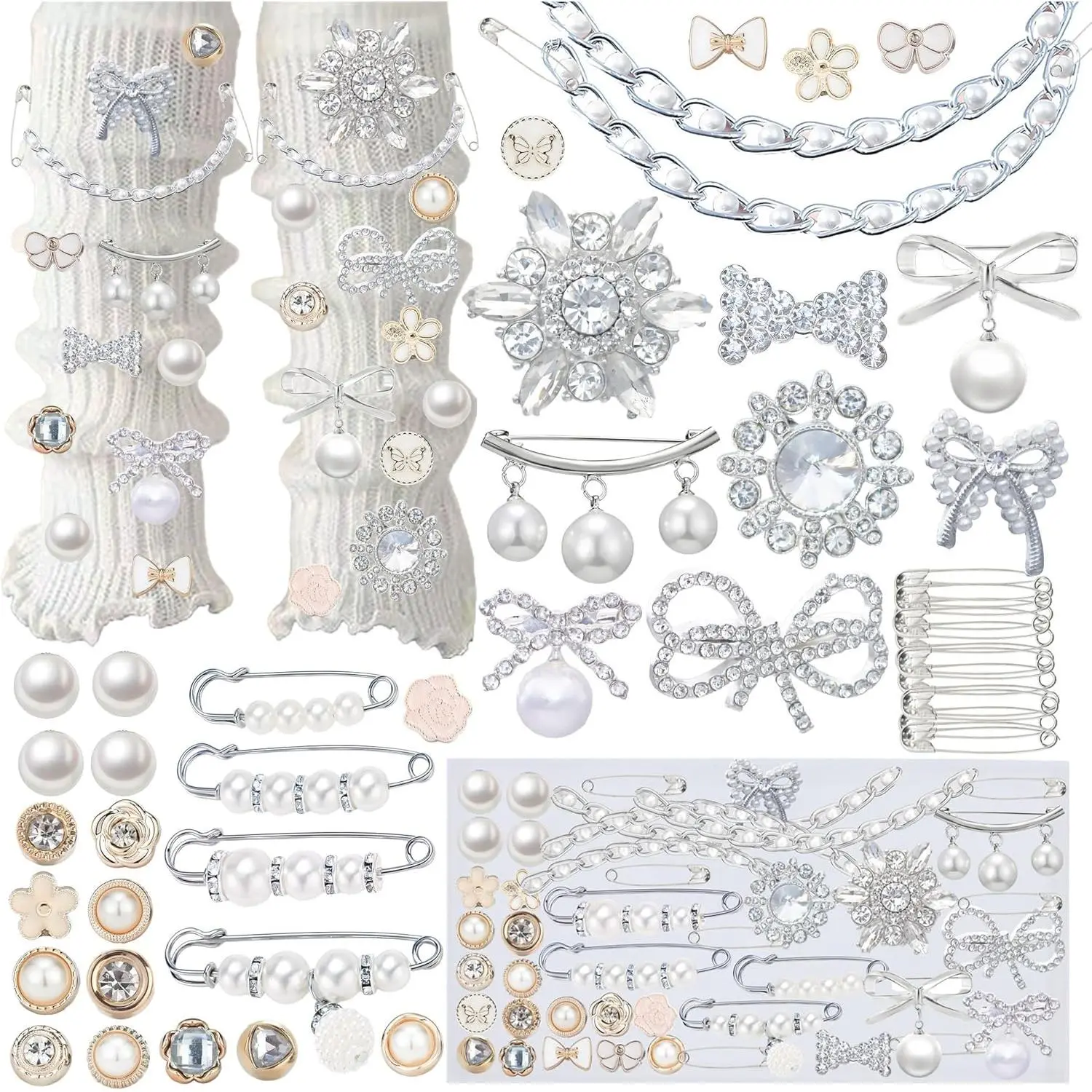 54PCS Junk Socks Charms Kit, Shoe Charms for Sneakers Girls,Silver Brooches and Pins for Women, Pearl and Rhinestone Sock Charm with Safety Pins, DIY Accessories for Decorating and Personalizing Socks