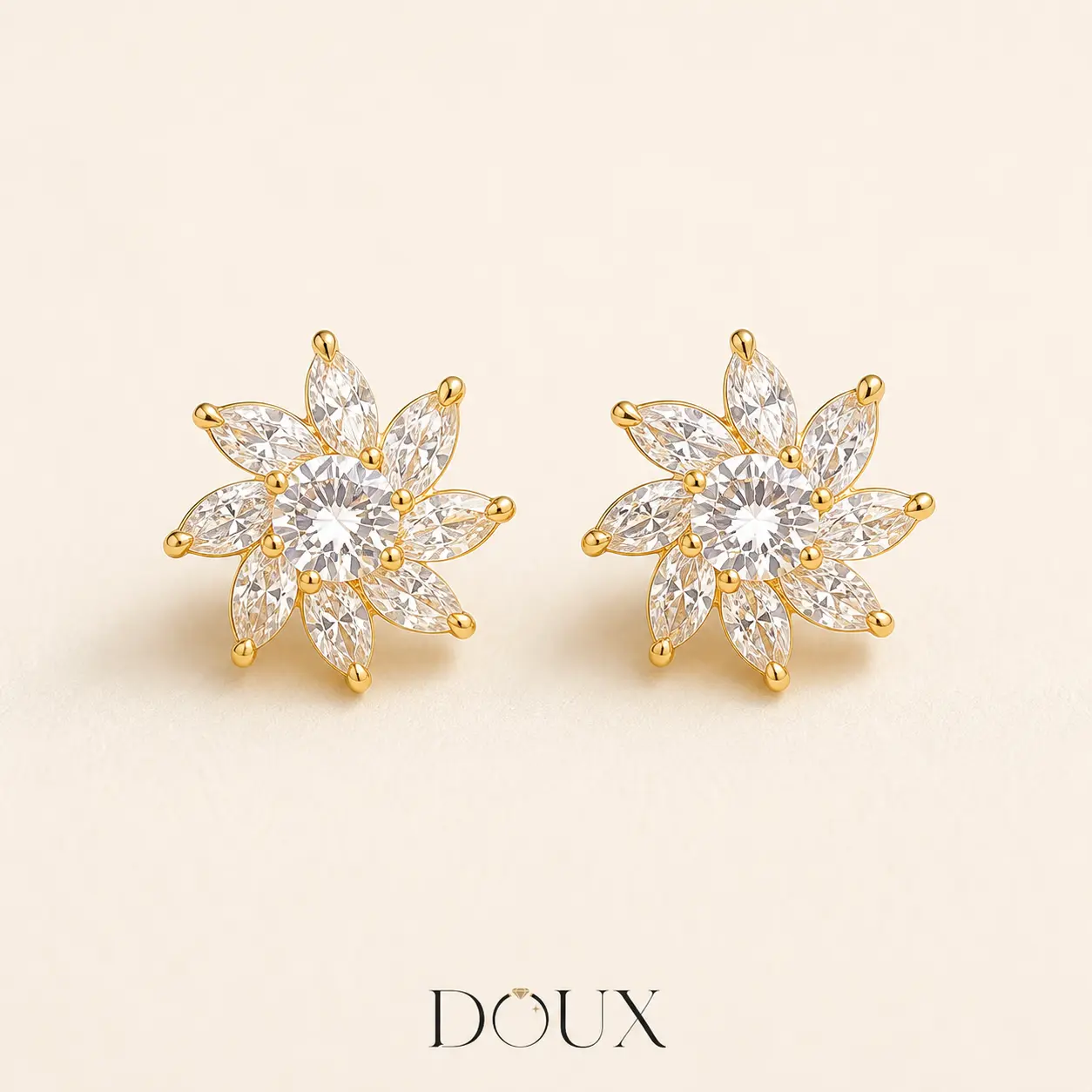 DOUX Marquise-Cut Crystal Flower Stud Earrings for Women – Gold-Tone Floral Jewelry