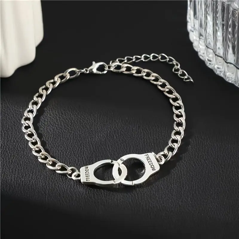 2024 Punk Cool Style English Letter Personalized Creative Engraved Handcuffs Bracelet, for Teenager, For Teenager