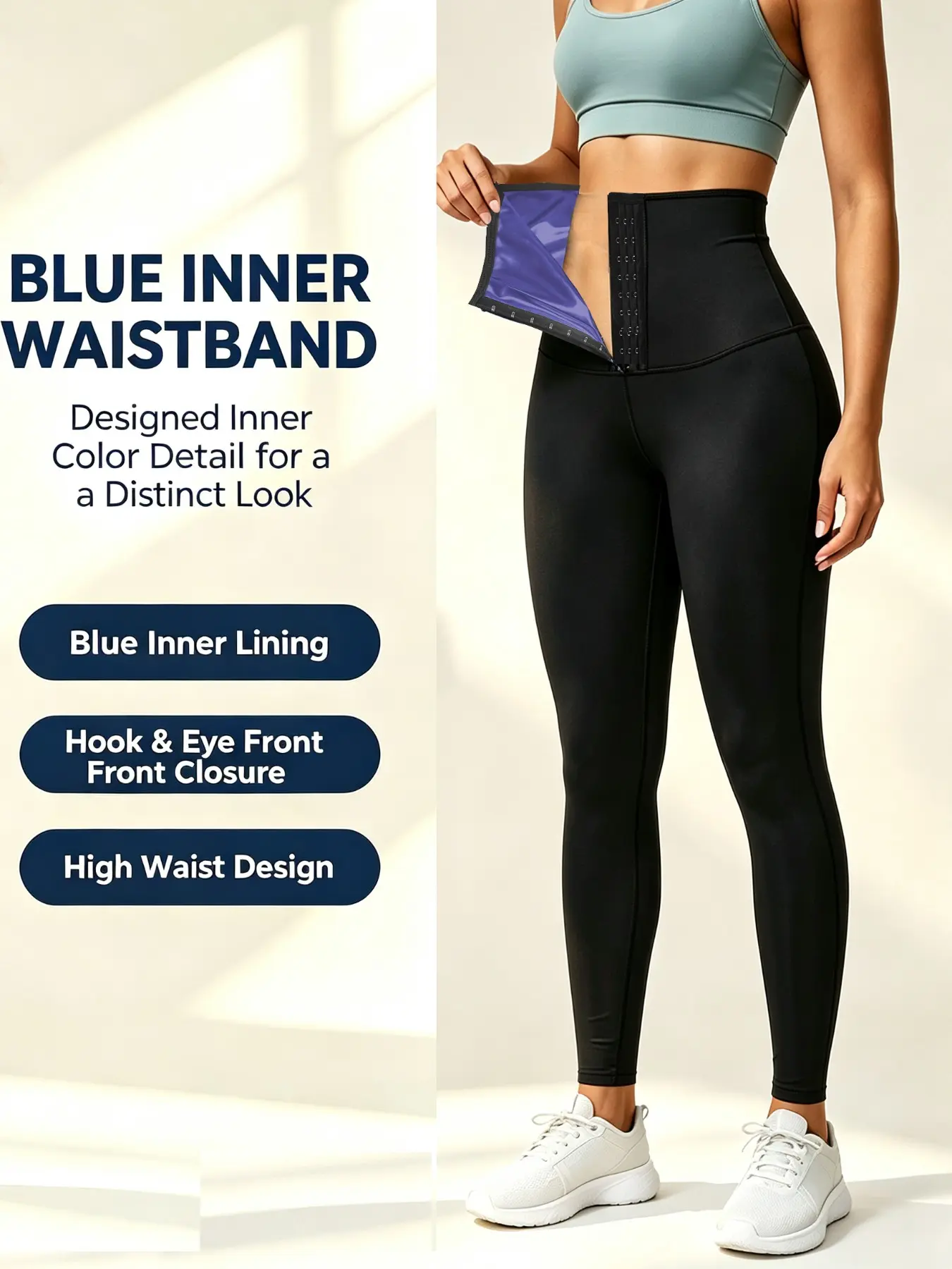 Women High Waist Leggings with Silver Inner Waistband, Adjustable Front Hook & Eye Closure Workout Compression Leggings