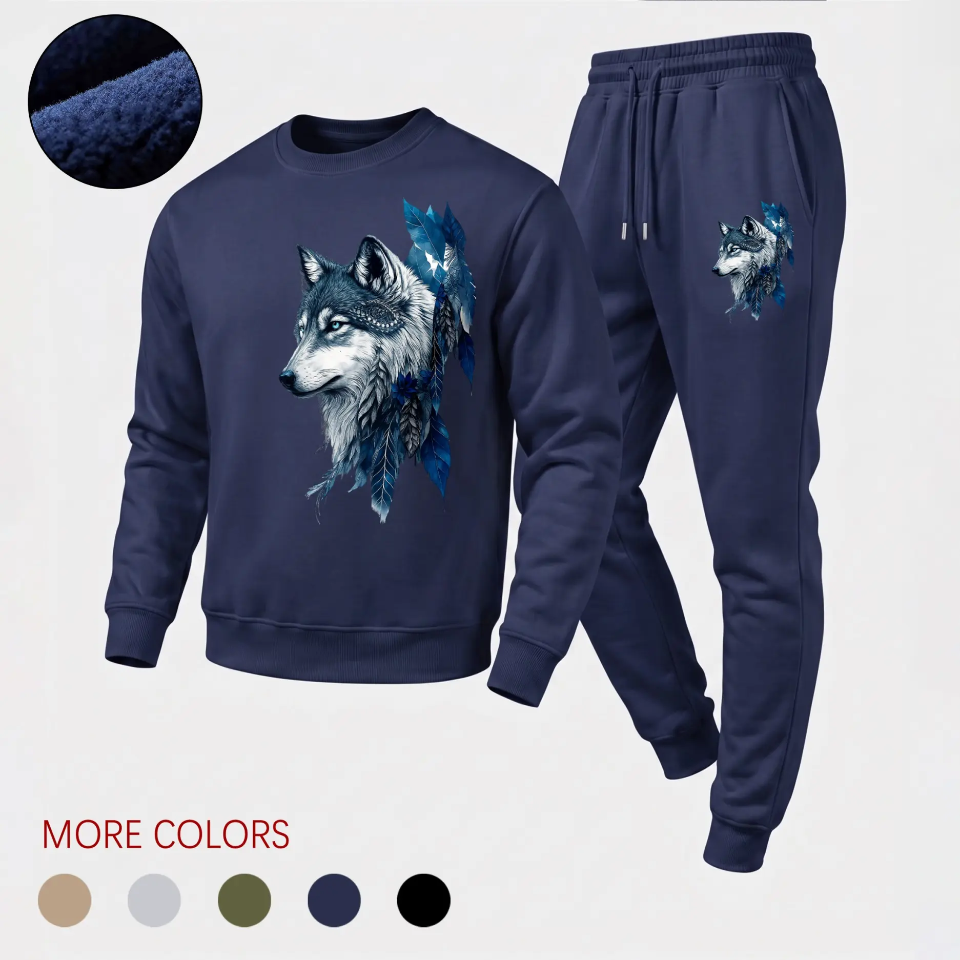 Men's Blue Wolf Graphic Crew Neck Sweatshirt & Jogger Pants Two-Piece Set, Casual Athletic Long Sleeve Pullover and Drawstring Trousers, Comfortable Fall Winter Sportswear for Everyday Wear, Gym, Travel and Lounge